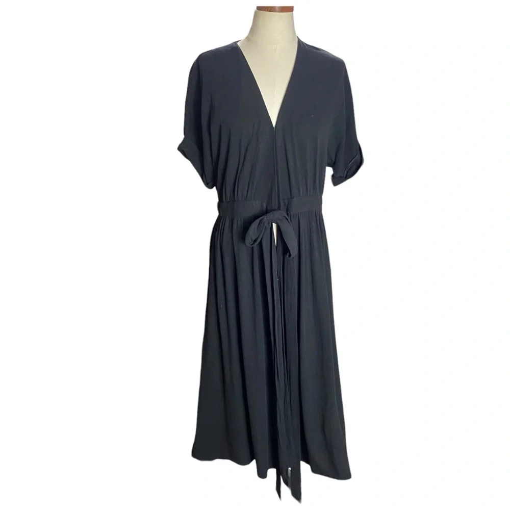 WILLOW Anthropologie Womens Wrap Dress Midi Black short Sleeve Size M Linen NEW - Picture 12 of 15